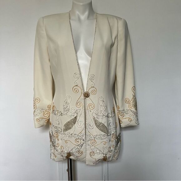 Vintage Nite Line Silver and Gold Beaded white Long Blazer 80s 90s - Picture 10 of 10